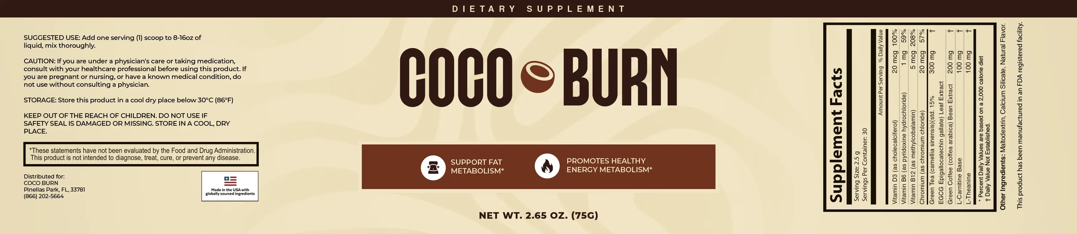 Coco Burn Nutrition Facts Label